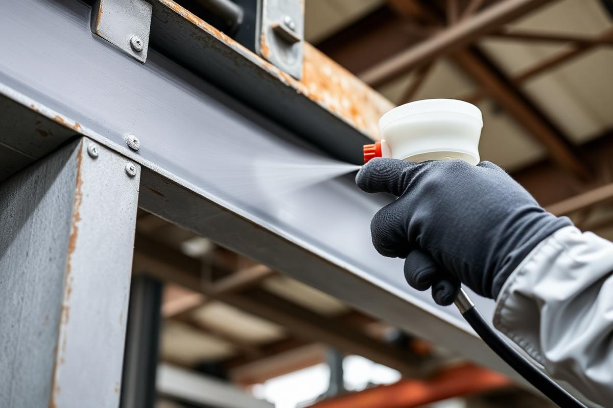 Applicator in protective gloves spraying grey coating onto a structural steel beam