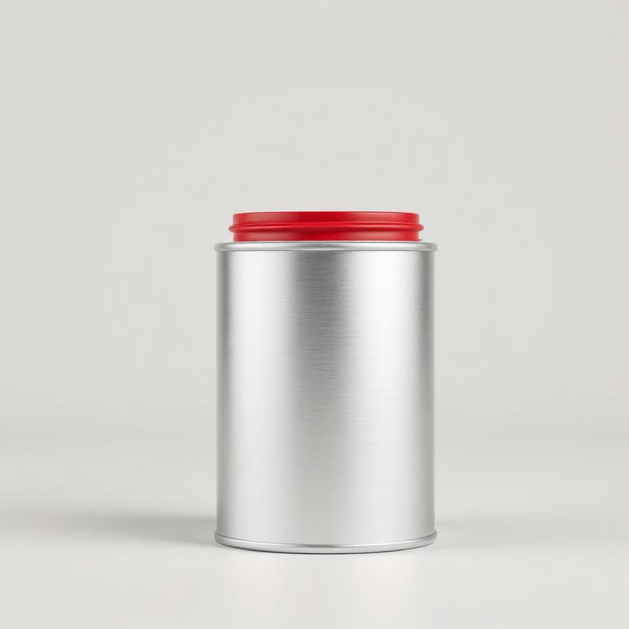 Unlabelled brushed metal solvent-based coating tin with red lid