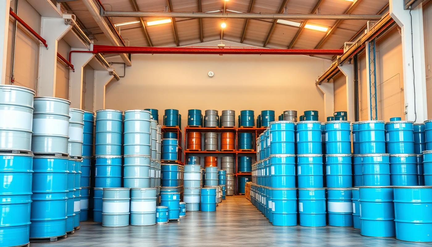 Coatings warehouse interior with stacked unlabelled industrial drums and pails