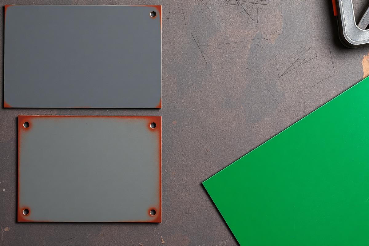 Coated steel sample panels in grey, red oxide and green on a workbench